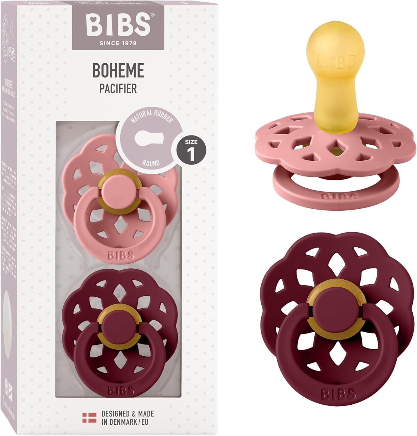 BIBS Boheme Dummies BPA-Free, Symmetrical Natural Rubber Latex, Made in Denmark, Size 1 (0-6 Months), Dusty Pink/Elderberry
